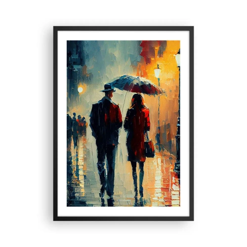 Pôster com moldura preta - Casal romântico sob um guarda-chuva na chuva - 50x70cm - História de amor urbano - Decoração de parede moderna para a sala de estar e quarto ARTTOR