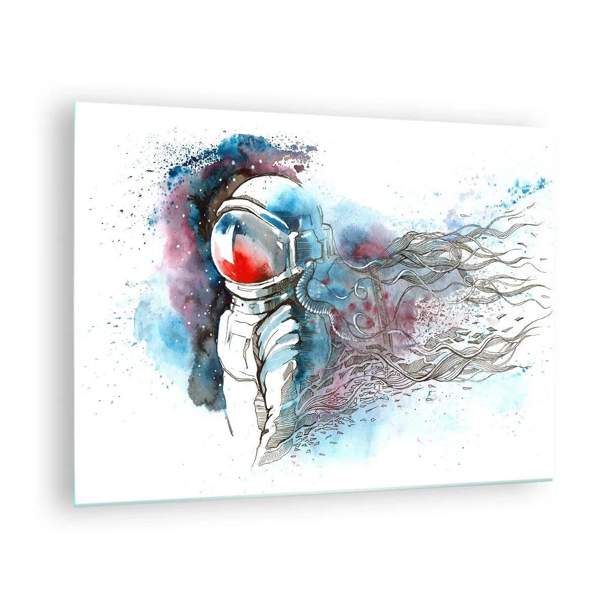 Quadro em vidro - Astronauta em um ambiente espacial dinâmico em aquarela - 70x50cm - Sozinho com o espaço - Decoração de parede moderna para a sala de estar e quarto ARTTOR