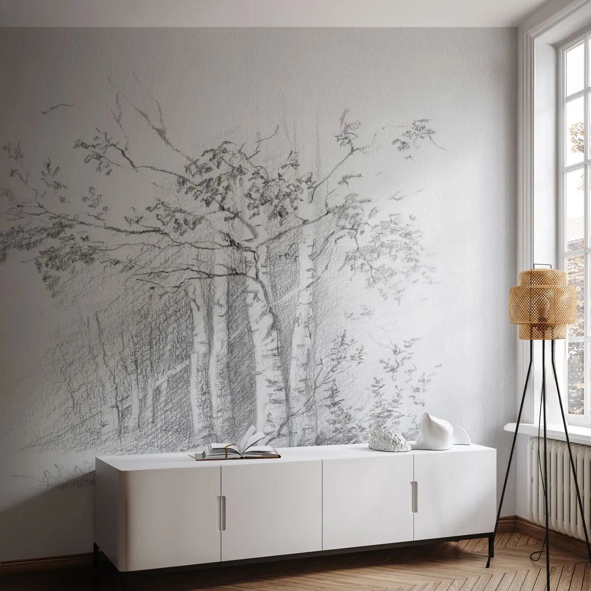 Papel de Parede Autocolante Deluxe Sticker - Luz da floresta de bétulas - Floresta, bétula, Árvores - 350x256 cm