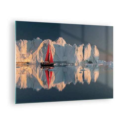 Quadro em vidro - Um veleiro com uma vela vermelha perto dos icebergs ao pôr do sol - 70x50cm - No fim do mundo - Decoração de parede moderna para a sala de estar e quarto ARTTOR