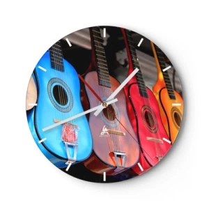 Relógio de parede - Relógio em vidro - Guitarras coloridas em diferentes tons sobre um fundo escuro - 30x30cm - Vibrações latinas - Decoração de parede moderna para a sala de estar, cozinha e quarto ARTTOR