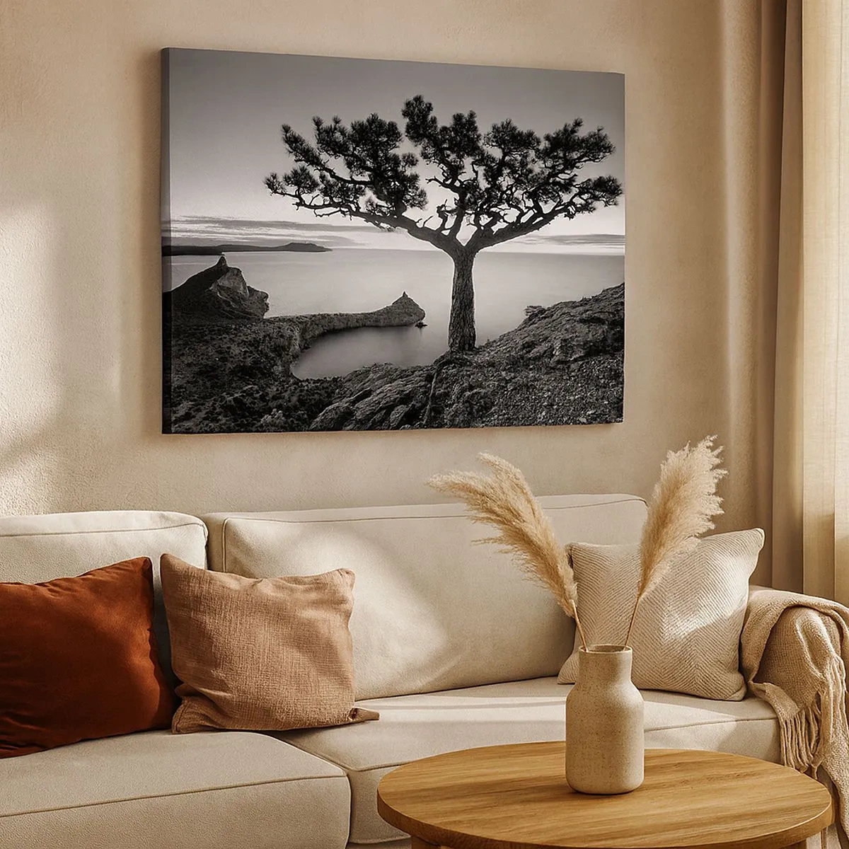 Quadro em tela - Paisagem em preto e branco com uma árvore solitária em um penhasco acima do mar - 70x50cm - Paz até ao horizonte - Decoração de parede moderna para a sala de estar e quarto ARTTOR