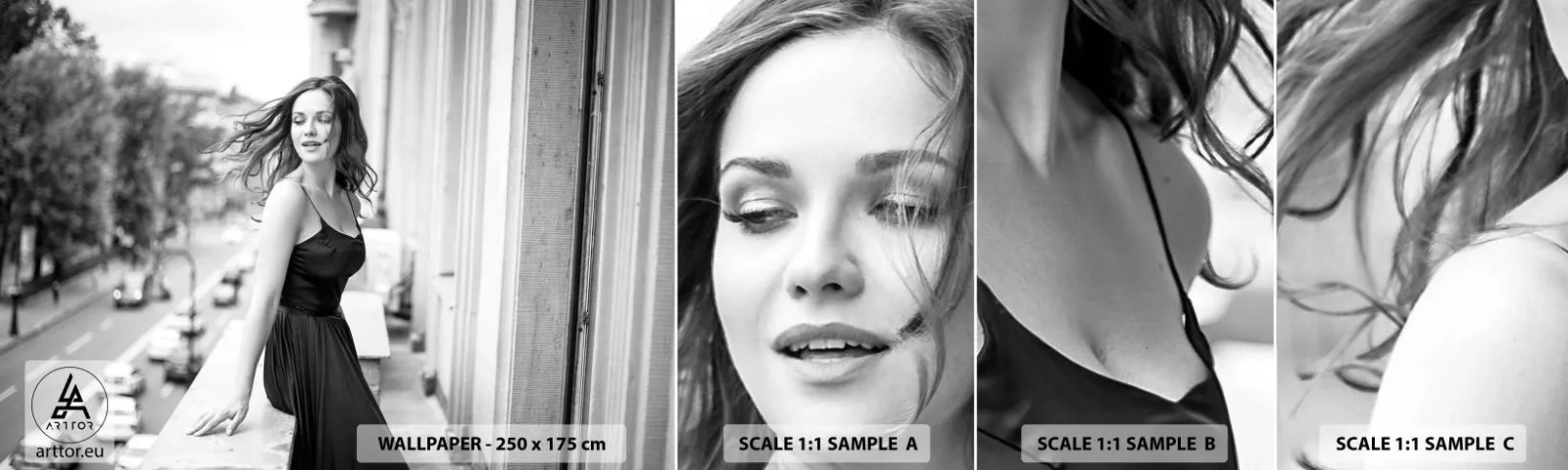 Amostra de Papel de Parede Standard Eco - Certamente uma parisiense - Mulher, Cidade, Arquitetura - 100x30 cm