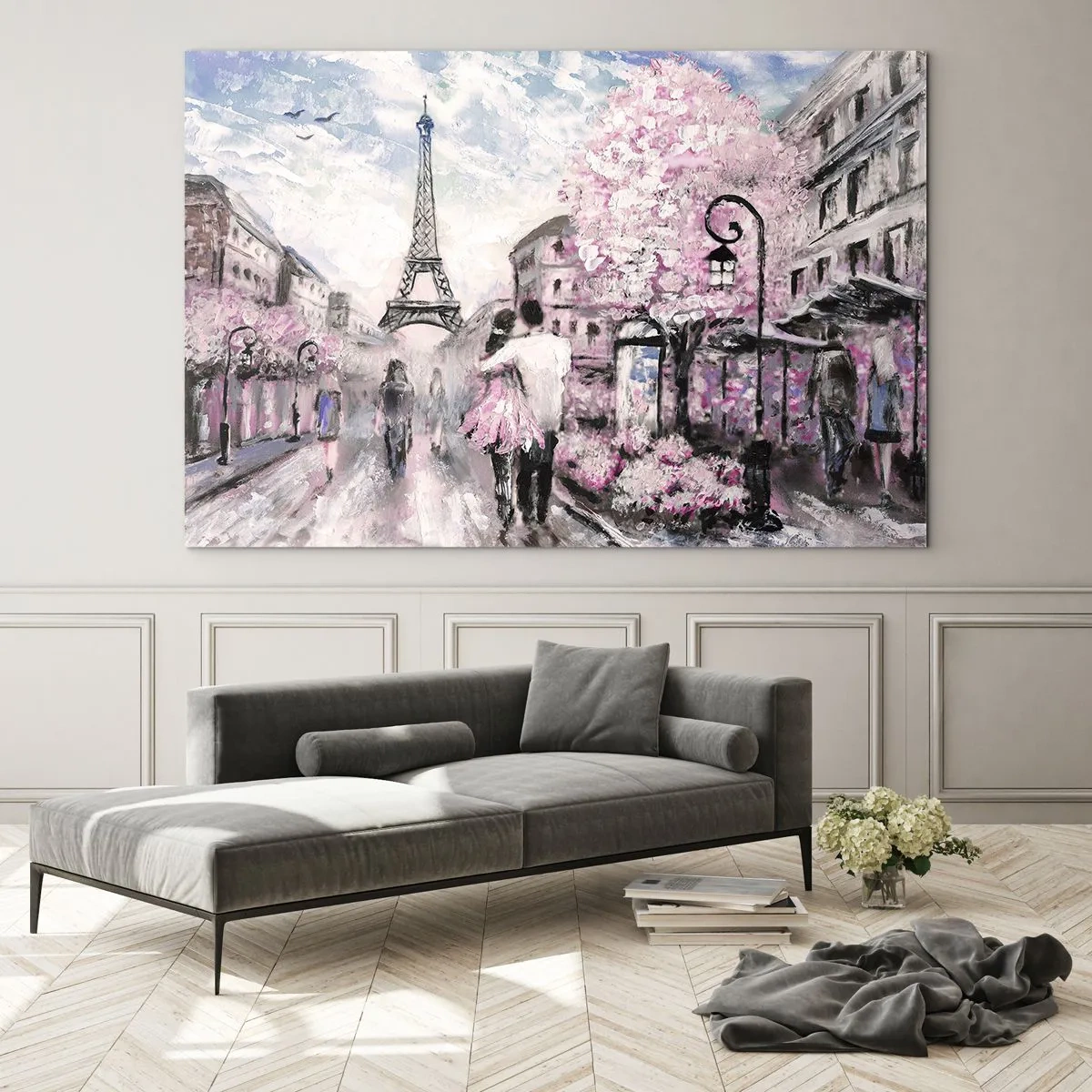Quadro em vidro - Casal romântico em Paris com a Torre Eiffel ao fundo - 70x50cm - Como for se apaixonar, somente em... - Decoração de parede moderna para a sala de estar e quarto ARTTOR