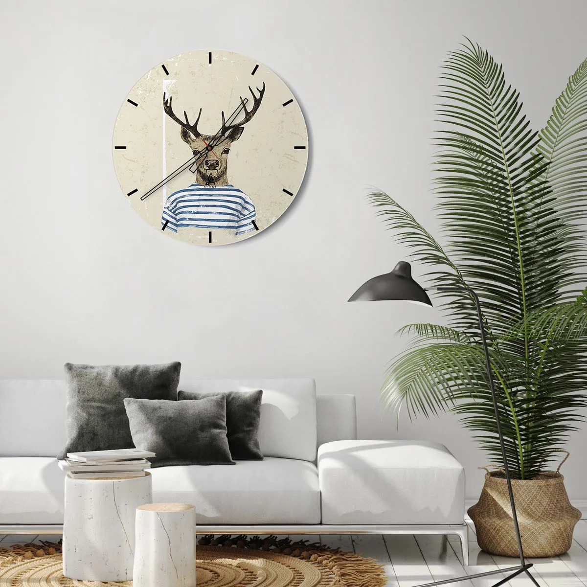 Relógio de parede - Relógio em vidro - Um veado de desenho animado em roupas listradas sobre um fundo bege - 30x30cm - Porque eu gosto de camisas listradas! - Decoração de parede moderna para a sala de estar, cozinha e quarto ARTTOR