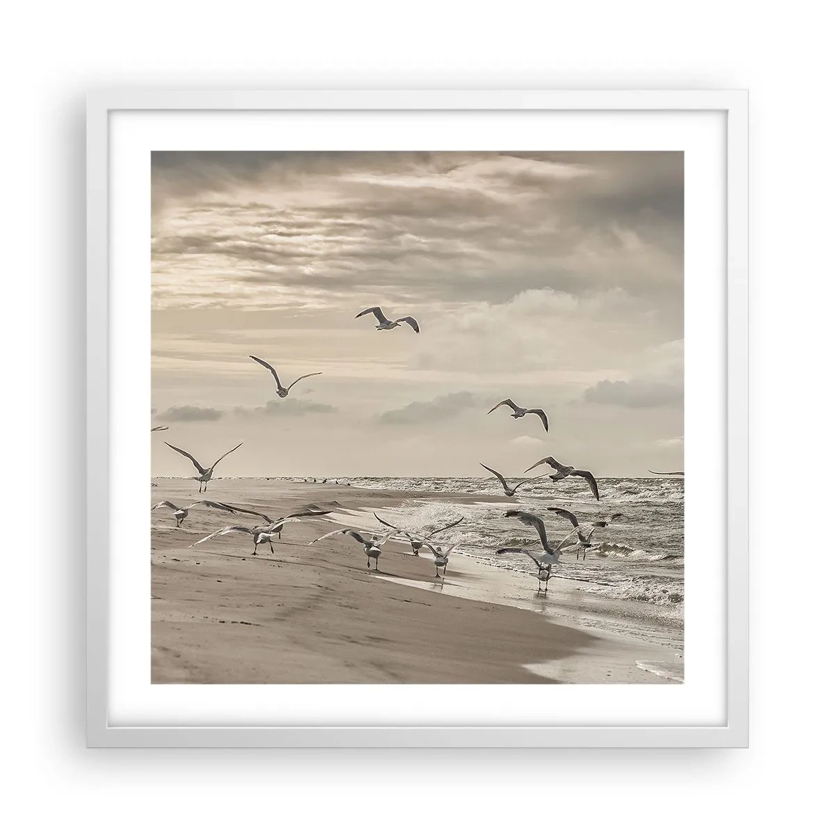 Pôster em moldura branca - O som do mar, o canto dos pássaros - 50x50 cm