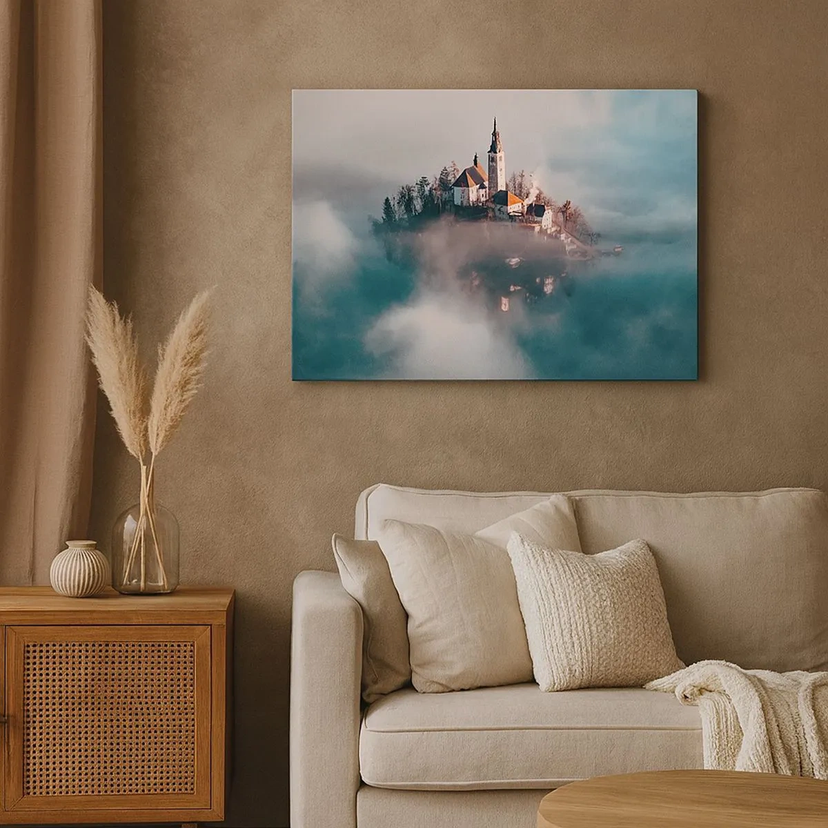 Quadro em tela - Uma ilha pitoresca com uma igreja cercada por neblina - 70x50cm - A ilha dos Sonhos - Decoração de parede moderna para a sala de estar e quarto ARTTOR