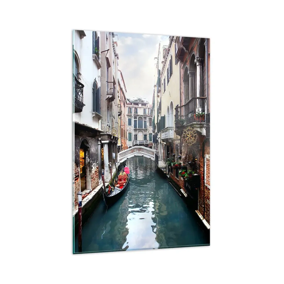 Quadro em vidro - Paisagem veneziana com gôndola e ponte - 80x120 cm