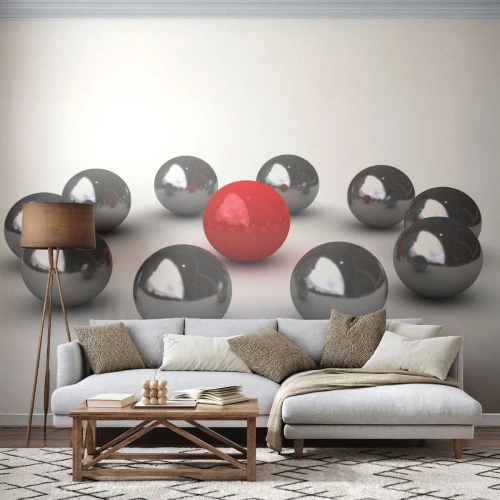 Papel de Parede Standard Eco - Bolas cromadas com centro vermelho - 100x70cm - Círculo em prata e vermelho - Decoração de parede moderna para a sala de estar e quarto ARTTOR
