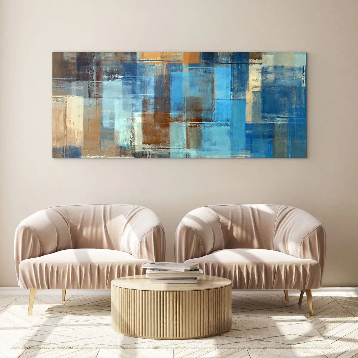 Quadro em vidro - Através da cortina azul - 100x40 cm