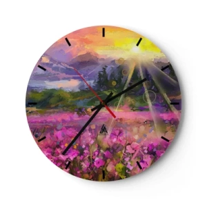 Relógio de parede - Relógio em vidro - Prado colorido ao sol com uma paisagem abstrata - 30x30cm - No vale sob os cuidados do sol - Decoração de parede moderna para a sala de estar, cozinha e quarto ARTTOR