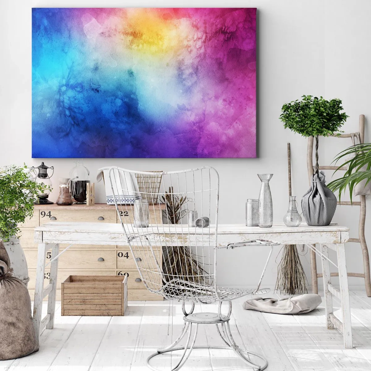 Quadro em tela - Uma composição abstrata em tons pastéis de rosa e azul. - 70x50cm - Quase no sétimo céu - Decoração de parede moderna para a sala de estar e quarto ARTTOR
