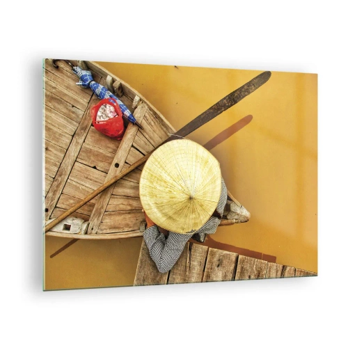 Quadro em vidro - Vista superior de um barco e uma pessoa usando um chapéu cônico - 70x50cm - A vida no rio amarelo - Decoração de parede moderna para a sala de estar e quarto ARTTOR