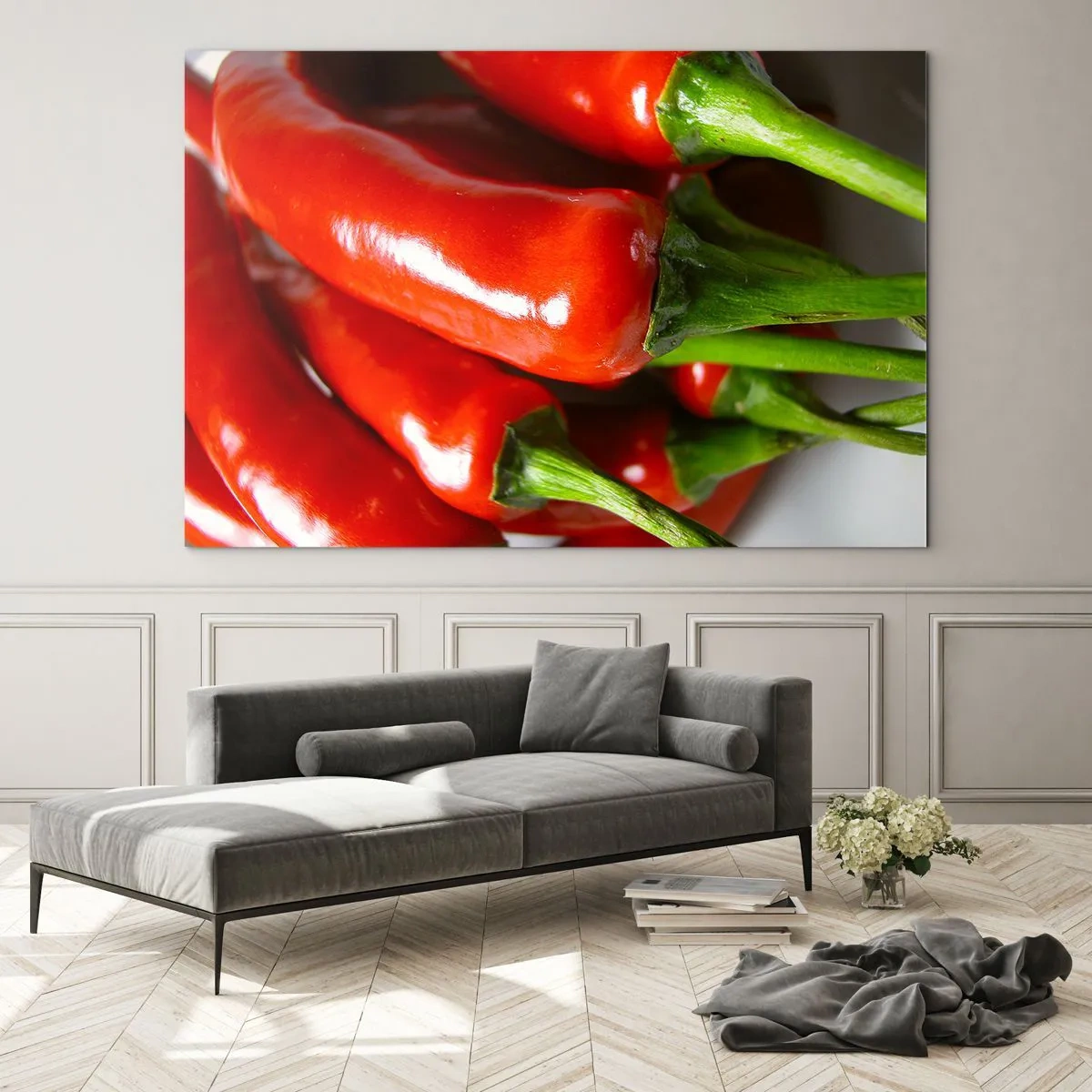 Quadro em vidro - Pimentas vermelhas com talos verdes - 70x50cm - Suculento, brilhante, liso - Decoração de parede moderna para a sala de estar e quarto ARTTOR