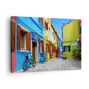 Quadro em tela - Uma rua colorida com bicicletas entre edifícios em tons pastéis - 70x50cm - Beco doce e pastel - Decoração de parede moderna para a sala de estar e quarto ARTTOR