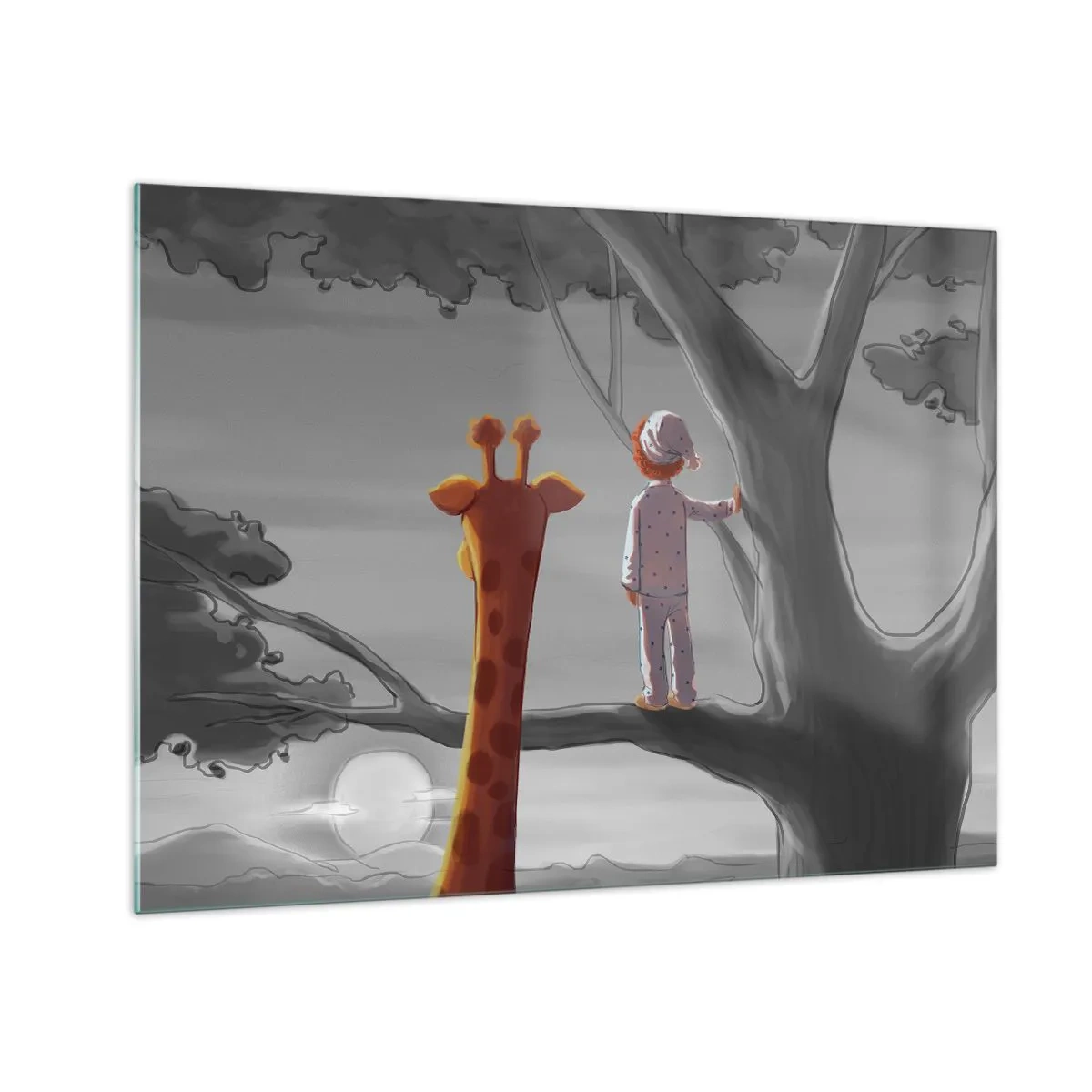Quadro em vidro - Uma criança de pijama e uma girafa observam o pôr do sol de uma árvore. - 70x50cm - Isso está realmente acontecendo - Decoração de parede moderna para a sala de estar e quarto ARTTOR