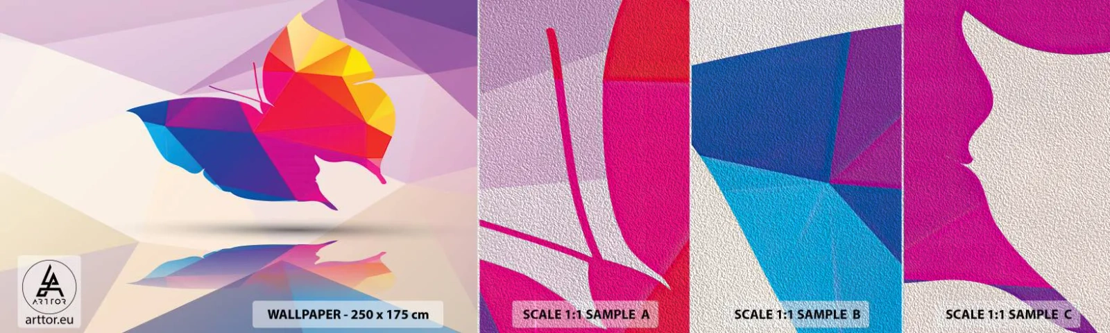 Amostra de papel de parede Premium Sand - Arco-íris borboleta - Insetos, Borboleta, Figura Geométrica - 100x30 cm