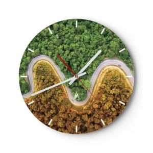 Relógio de parede - Relógio em vidro - Uma estrada sinuosa de asfalto cortando a floresta vista de cima - 30x30cm - Fronteiras e descobertas - Decoração de parede moderna para a sala de estar, cozinha e quarto ARTTOR