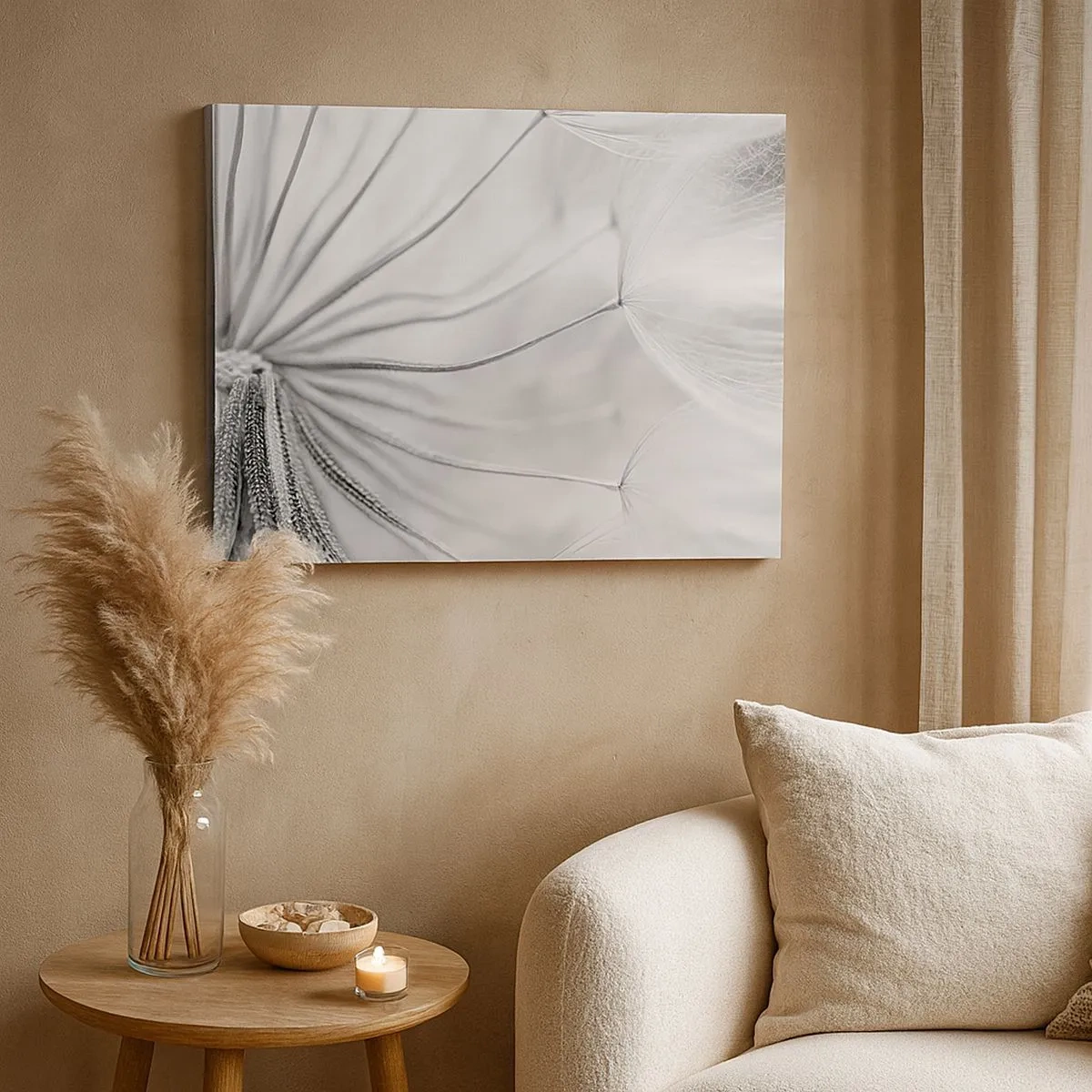 Quadro em tela - Dentes-de-leão delicados em tons de preto e branco - 70x50cm - Dentes de leão, pipas - Decoração de parede moderna para a sala de estar e quarto ARTTOR