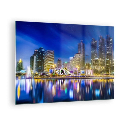 Quadro em vidro - Panorama da cidade à noite com as luzes refletidas na água - 70x50cm - Noite arco-íris da metrópole - Decoração de parede moderna para a sala de estar e quarto ARTTOR