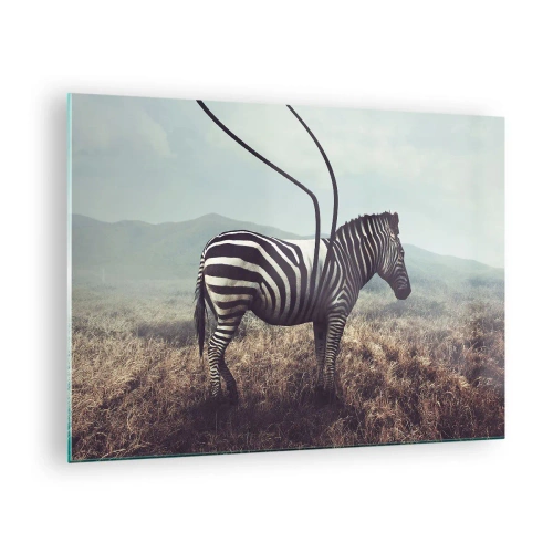 Quadro em vidro - Zebra em fundo de grama com detalhe surreal de antena - 70x50cm - Atenção! Falha - Decoração de parede moderna para a sala de estar e quarto ARTTOR