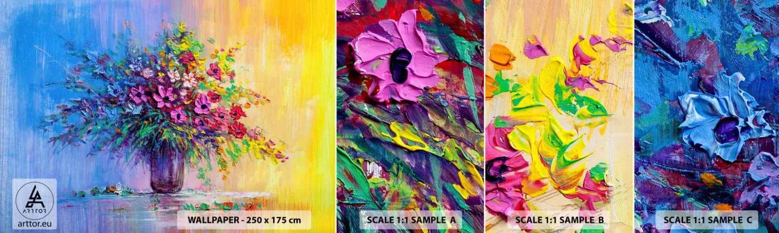 Amostra de papel de parede autocolante Deluxe Sticker - Fruto de um prado - Flores em um vaso, Pedaço, Buquê de flores - 100x30 cm