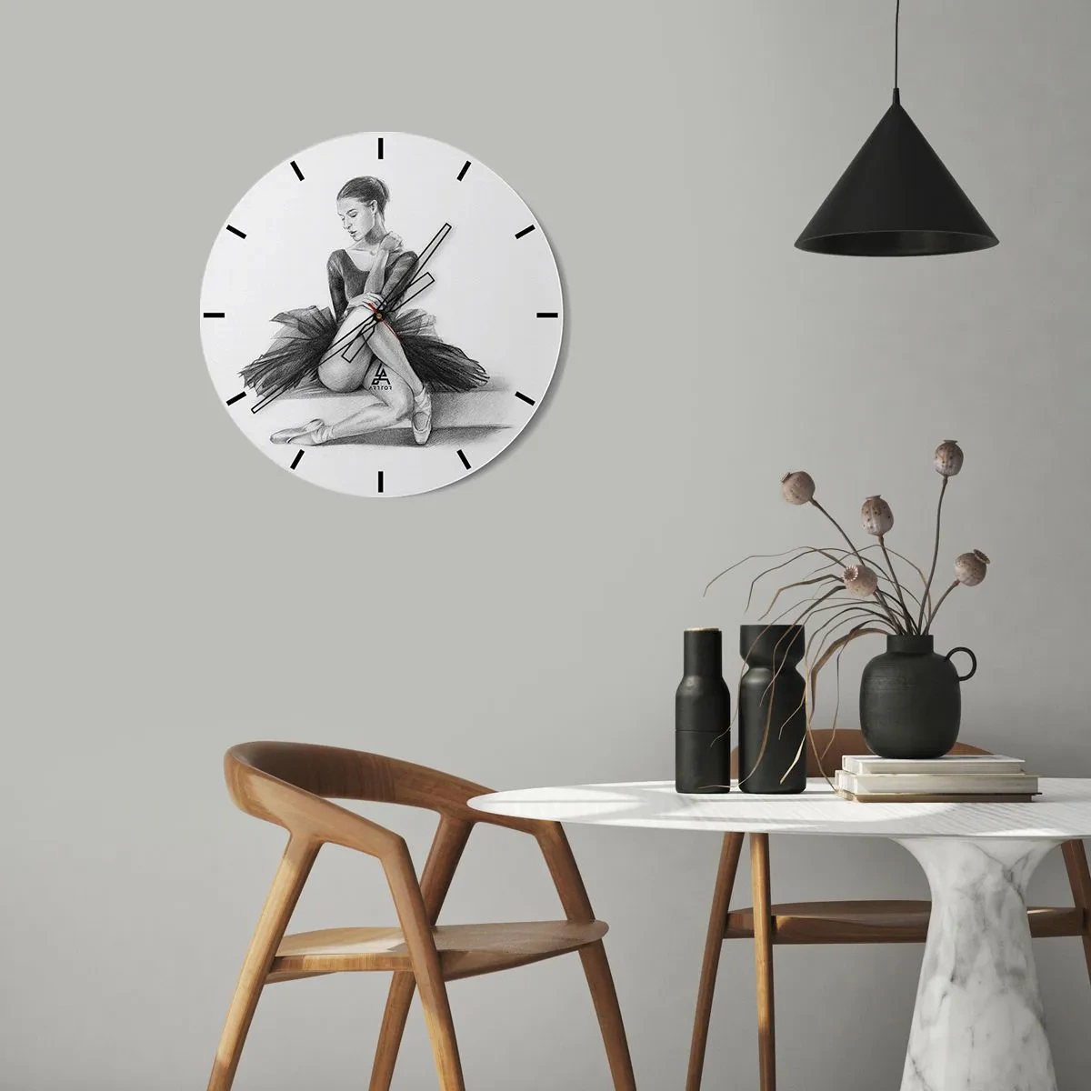 Relógio de parede - Relógio em vidro - Esboço de uma bailarina em pose clássica - 30x30cm - Encantada pela dança - Decoração de parede moderna para a sala de estar, cozinha e quarto ARTTOR