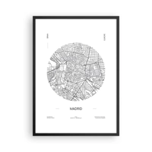Pôster com moldura preta - Um mapa minimalista de Madri em preto e branco. - 50x70cm - Anatomia de Madri - Decoração de parede moderna para a sala de estar e quarto ARTTOR