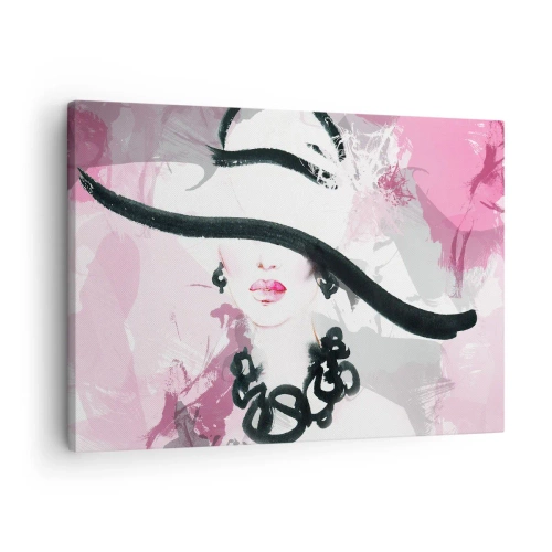 Quadro em tela - Uma mulher elegante de chapéu contra um fundo de abstrações rosa. - 70x50cm - Retrato de uma dama a preto e rosa - Decoração de parede moderna para a sala de estar e quarto ARTTOR