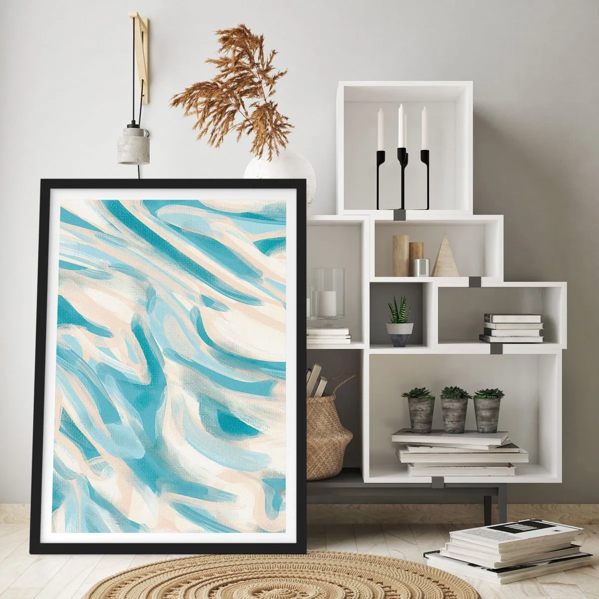 Pôster com moldura preta - Ondas abstratas em tons de azul e bege - 50x70cm - Brisas de primavera - Decoração de parede moderna para a sala de estar e quarto ARTTOR