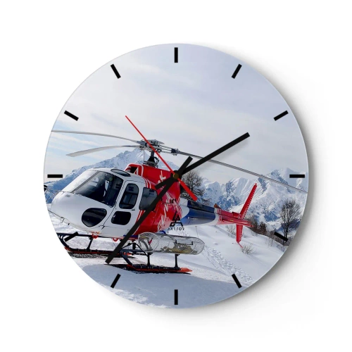 Relógio de parede - Relógio em vidro - Um helicóptero vermelho contra um fundo de montanhas e neve - 30x30cm - Sempre pronto - Decoração de parede moderna para a sala de estar, cozinha e quarto ARTTOR