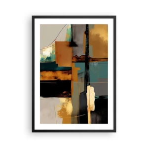 Pôster com moldura preta - Uma composição abstrata em tons de dourado e turquesa - 50x70cm - Abstração – luz e sombra - Decoração de parede moderna para a sala de estar e quarto ARTTOR