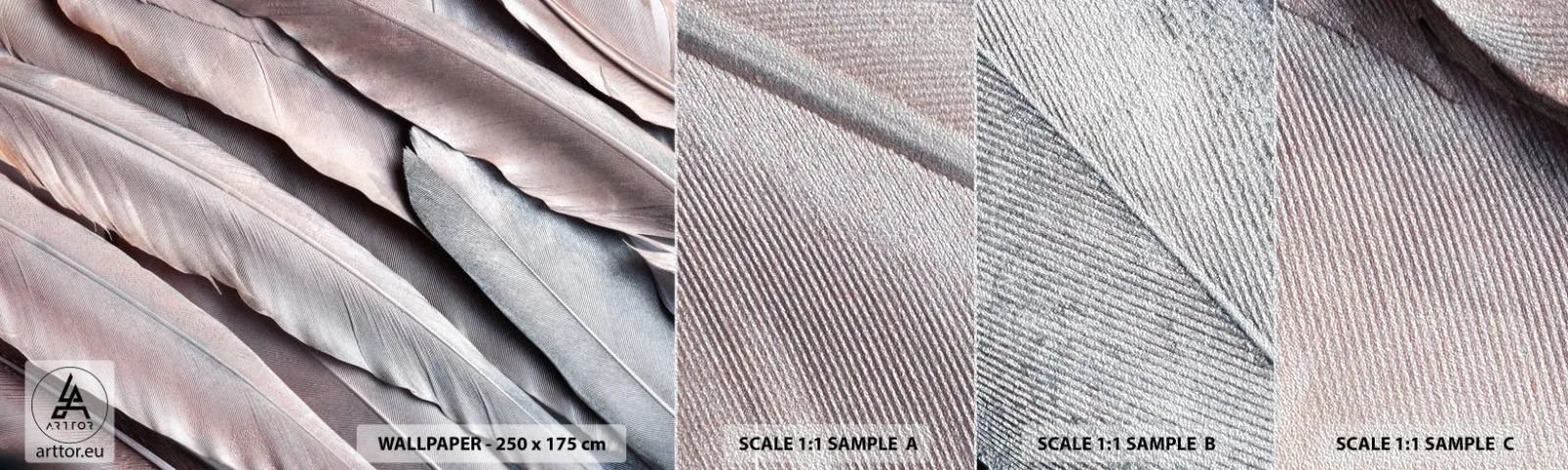 Amostra de papel de parede Premium Sand - Em prateado rosa - Pena de ave, Gráficos, Boho - 100x30 cm