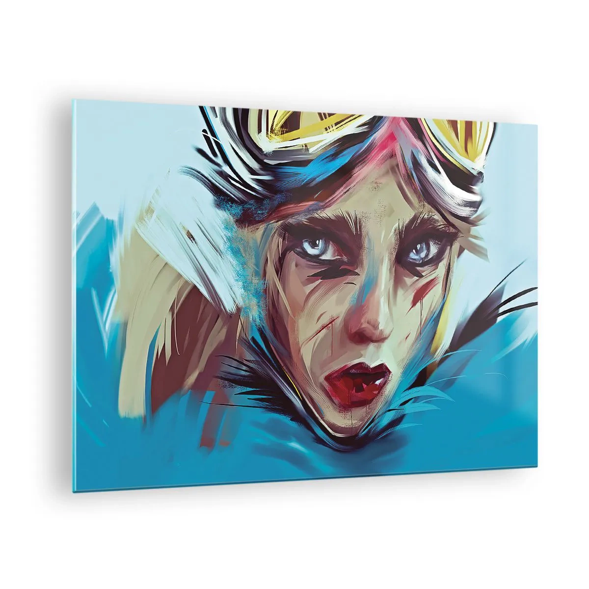 Quadro em vidro - Retrato de uma mulher com óculos e pinceladas azuis - 70x50cm - A guerreira das estradas - Decoração de parede moderna para a sala de estar e quarto ARTTOR