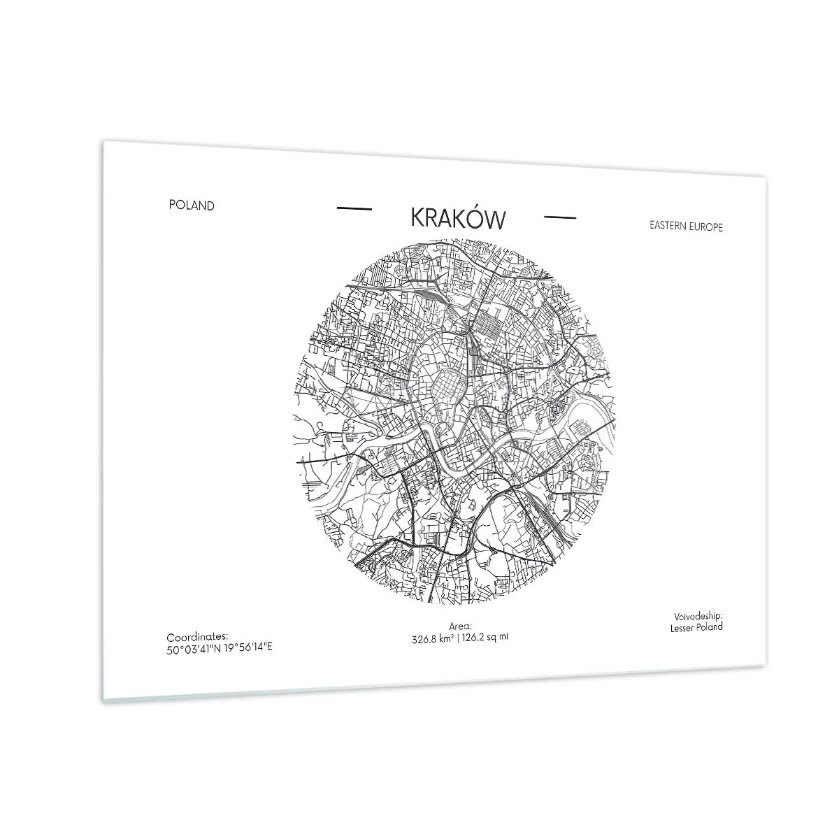 Quadro em vidro - Um mapa de Cracóvia em estilo de ilustração em preto e branco - 70x50cm - Anatomia de Cracóvia - Decoração de parede moderna para a sala de estar e quarto ARTTOR