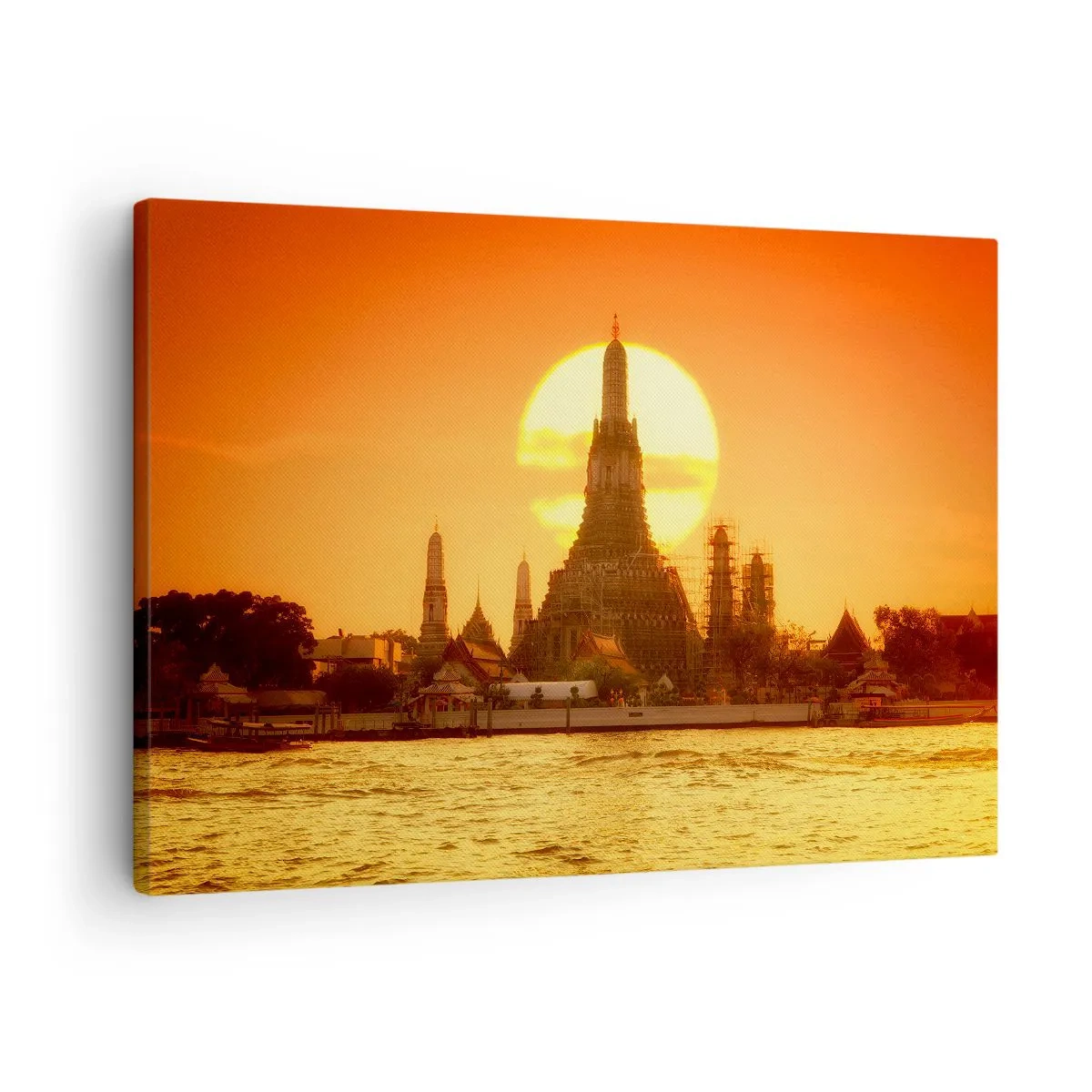 Quadro em tela - Pôr do sol sobre o templo com reflexo na água - 70x50cm - Rumo ao sol, sempre em direção ao sol - Decoração de parede moderna para a sala de estar e quarto ARTTOR