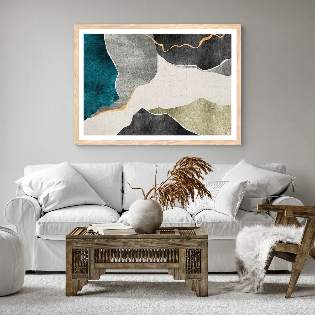 Pôster com moldura de carvalho claro - Composição de mosaico com fio de ouro - 91x61 cm