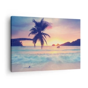 Quadro em tela - Praia com palmeira e pôr do sol sobre o oceano - 70x50cm - Noite na baía - Decoração de parede moderna para a sala de estar e quarto ARTTOR