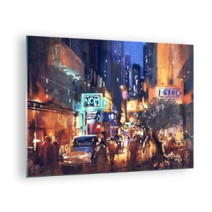 Quadro em vidro - Cena pitoresca da cidade noturna com luzes de neon e trânsito de rua - 70x50cm - E a cidade não dorme - Decoração de parede moderna para a sala de estar e quarto ARTTOR