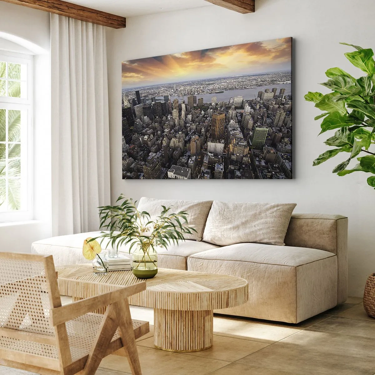 Quadro em tela - Vista da metrópole com o pôr do sol - 70x50cm - O coração pulsante do nosso tempo - Decoração de parede moderna para a sala de estar e quarto ARTTOR