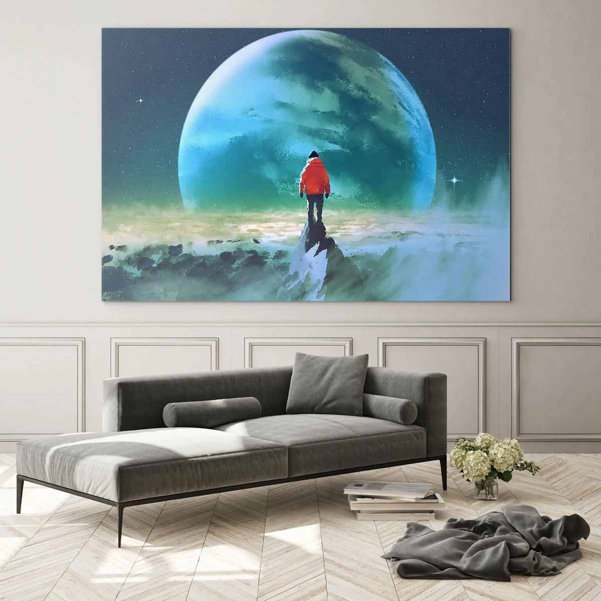 Quadro em vidro - Uma figura com uma jaqueta vermelha tendo como pano de fundo um enorme planeta e estrelas - 70x50cm - Descobridor de uma nova terra - Decoração de parede moderna para a sala de estar e quarto ARTTOR
