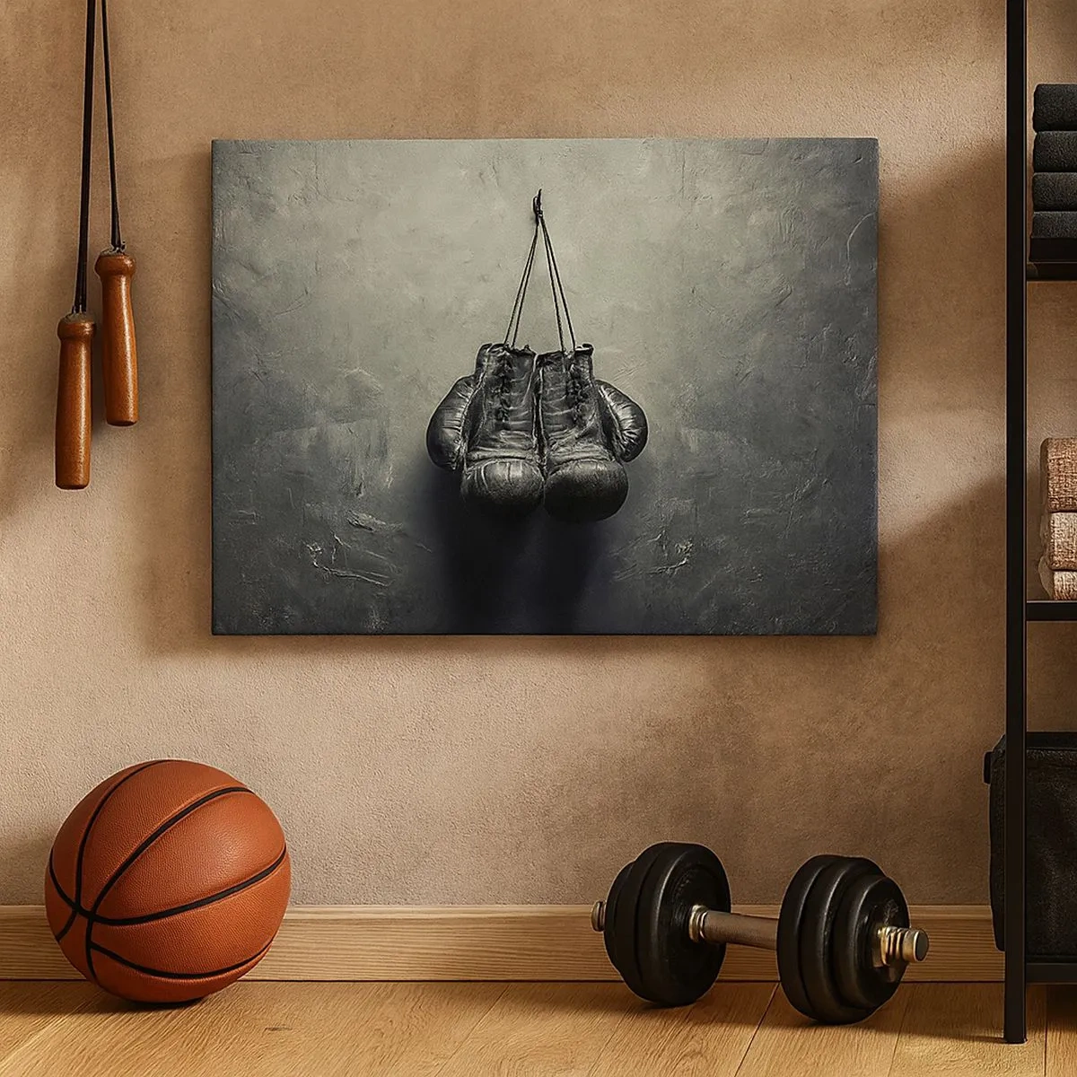 Quadro em tela - Luvas de boxe velhas contra a parede - 70x50cm - Tempo de luta e tempo de paz - Decoração de parede moderna para a sala de estar e quarto ARTTOR