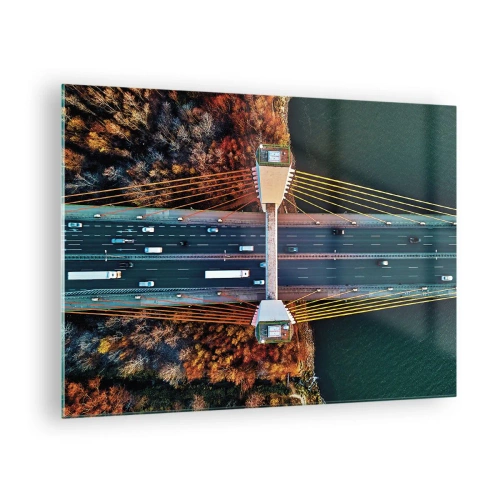 Quadro em vidro - Vista aérea da ponte com disposição simétrica de cabos e carros - 70x50cm - Além das águas, além das florestas - Decoração de parede moderna para a sala de estar e quarto ARTTOR