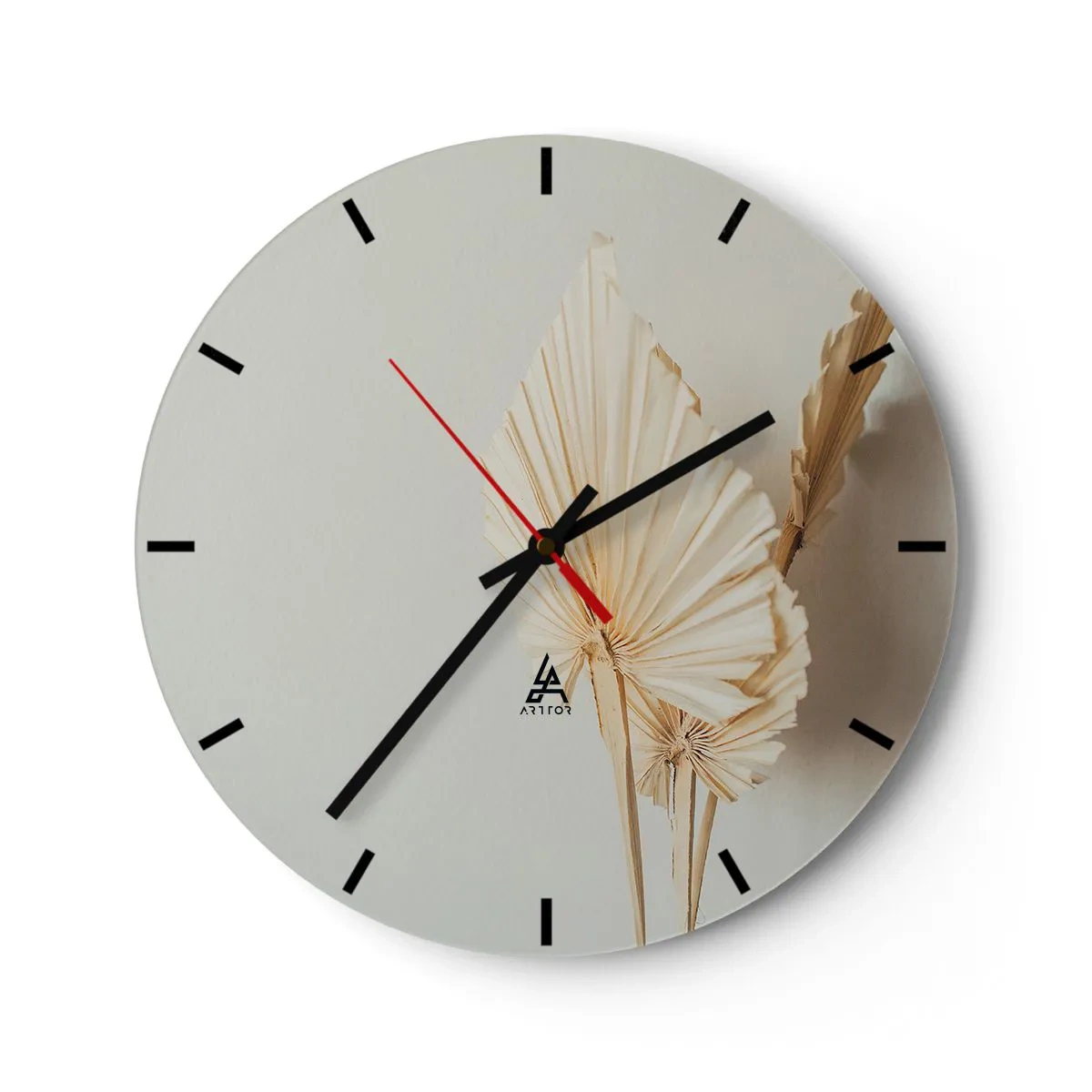 Relógio de parede - Relógio em vidro - Folhas de palmeira secas em fundo bege no estilo boho - 30x30cm - Quando precisas de alívio - Decoração de parede moderna para a sala de estar, cozinha e quarto ARTTOR
