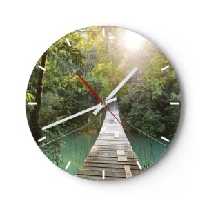 Relógio de parede - Relógio em vidro - Ponte suspensa de madeira na selva tropical ao amanhecer - 30x30cm - Da água azul para a floresta azul - Decoração de parede moderna para a sala de estar, cozinha e quarto ARTTOR