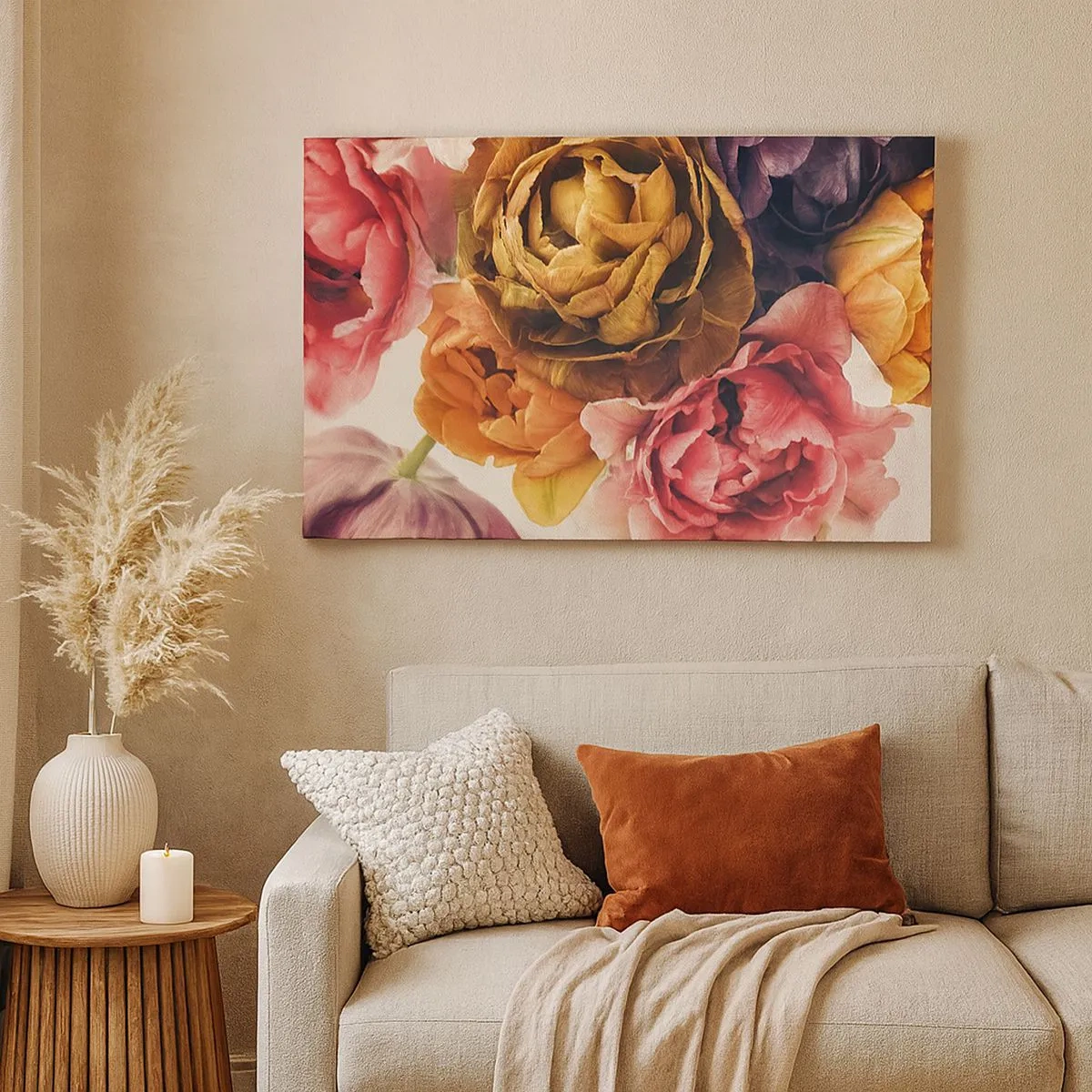 Quadro em tela - Um buquê de flores variadas em cores intensas - 70x50cm - Celebração da vida - Decoração de parede moderna para a sala de estar e quarto ARTTOR