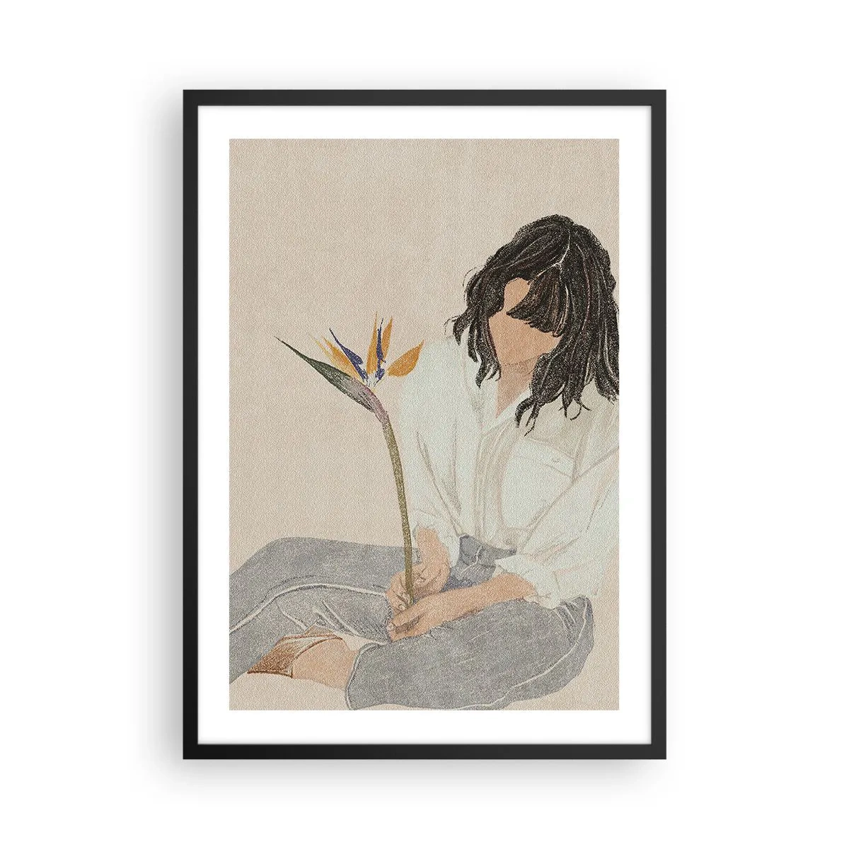 Pôster com moldura preta - Retrato de uma mulher segurando uma flor exótica, com um delicado toque de cor - 50x70cm - Retrato com uma flor exótica - Decoração de parede moderna para a sala de estar e quarto ARTTOR