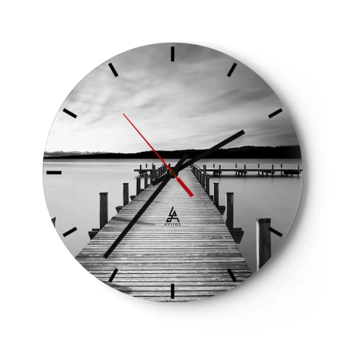 Relógio de parede - Relógio em vidro - Um píer de madeira que leva às profundezas de um lago tranquilo - 30x30cm - A fonte da tranquilidade - Decoração de parede moderna para a sala de estar, cozinha e quarto ARTTOR