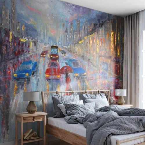 Papel de Parede Premium Sand - Tarde chuvosa na cidade - Cidade, Arquitetura, Caminhada na chuva - 350x256 cm