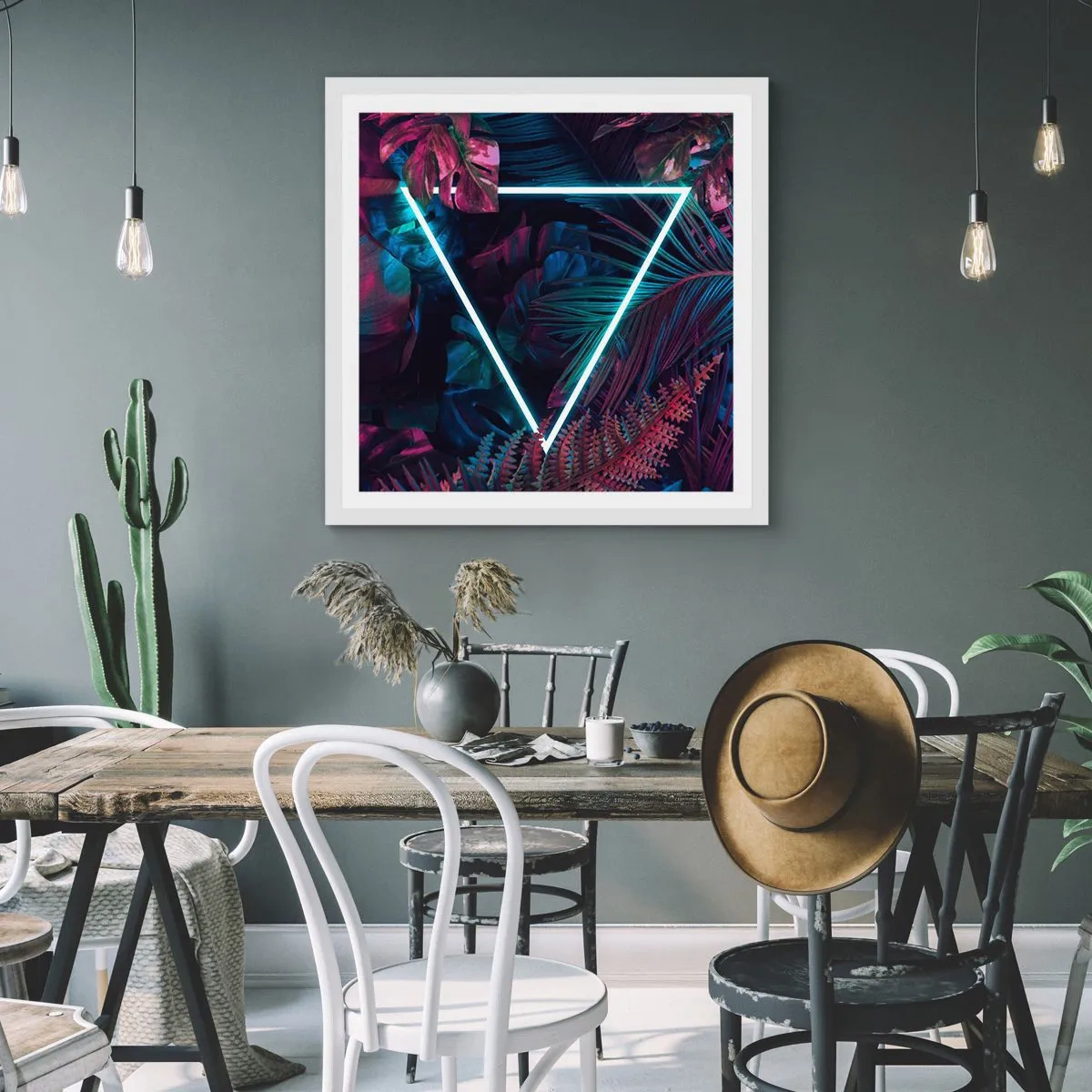 Pôster em moldura branca - Jardim estilo discoteca - 40x40 cm